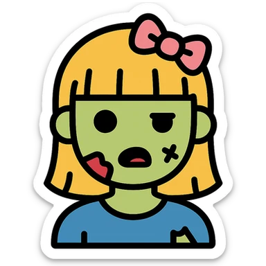 zombie girl with bangs, medium light hair and a pink bow sticker