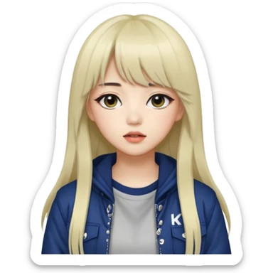 Portrait of a female K-pop idol, wearing a stylish streetwear outfit with layered clothing, long hair with bangs, makeup, cool face sticker