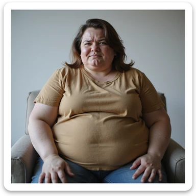 hyperrealistic 4K vertical 9:16 portrait of a fat woman sitting with an expression of fatigue or frustration, isolated white background sticker
