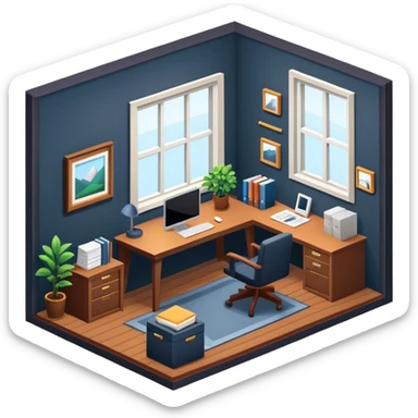 An isometric 3D room with two walls that meet at the back left and right and a Window. Dark Colors. Home Office sticker
