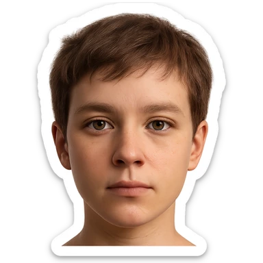 hyper-realistic emoji face of a young person with short tousled brown hair, light skin, neutral expression, detailed skin texture, natural lighting, lifelike eyes, realistic facial features sticker