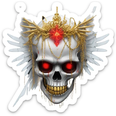 White skeleton zombie person covered in golden chains and black graffiti scribbles and red and silver doodles wings made of neon lightning snowing snowflakes crown made of snowflakes  sticker
