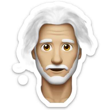 A tall man with long white hair, broad shoulders, dressed in white, has a scar on his right eye, right eye is completely white, left eye is dark brown. sticker