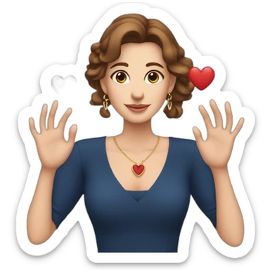 A white woman with brown hair, making a heart symbol with her hands (with long earrings and dark blue dress) making a heart symbol with her hands sticker