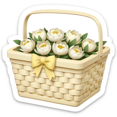 White Picnic basket with pastel yellow bow and white peonies inside sticker