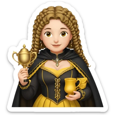 Helga Hufflepuff, 2 curly thick brown braids, yellow-black medieval dress, black cloak decorated with gold braiding, tiny two-handled shiny yellow-gold cup, very kind smile, curvy busty sweet woman, thick rosy cheeks sticker