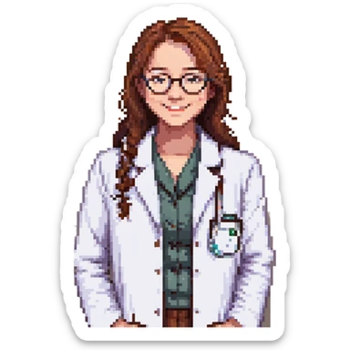 Make Hange Zoe smile with glasses and lab coat in pixel art style with no background. sticker