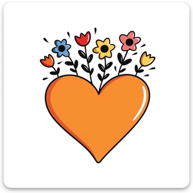 Add a crown of colorful flowers to the orange heart, keeping the playful and sketchy hand drawn doodle style. sticker