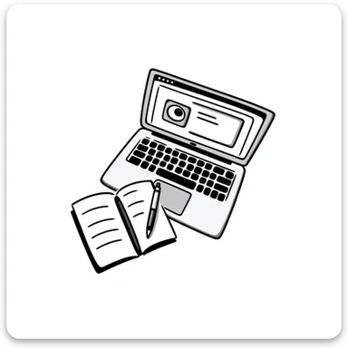 top view of a MacBook and a notebook with a pen nearby, different arrangement sticker