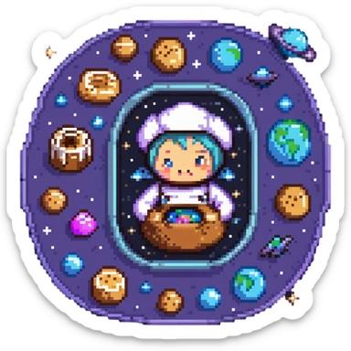 An interstellar baker crafting cookies in zero gravity, using stardust and planetary spices. The kitchen orbits a nebula, with floating tools and anti-gravity dough. UI features galactic swirls, shimmering constellations, and planetary icon sticker