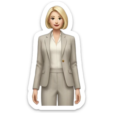 Full height Actively gesturing with hands pale skin woman with ash blonde Straightened bob Hair, White Spacious classical jacket, beige palazzo Arrow pants and gray blouse sticker