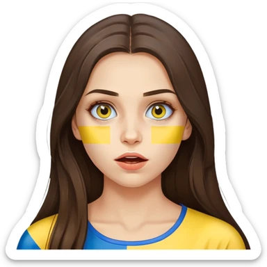 Brunette woman with long hair, Ukrainian flag (blue and yellow) painted on her cheek, surprised expression sticker