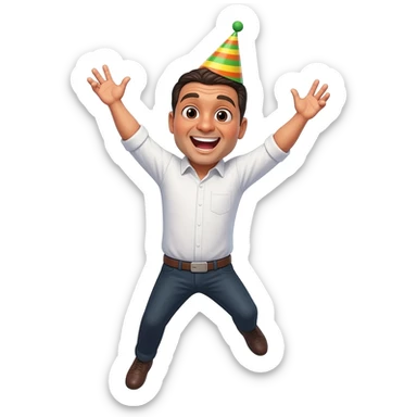 mexican man wearing birthday party hat with his arms up, jumping in the air excited with the caption, “happy birthday amigo!!!” sticker