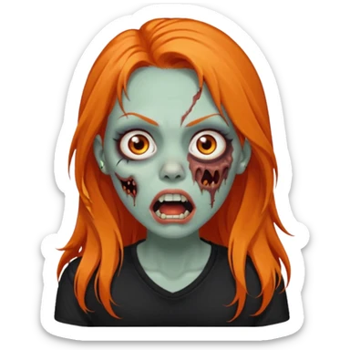 Faça uma zumbi feminina com cabelos longos e laranja, deve estar vestindo uma camisa preta e ter seus olhos castanhos escuro, não esqueça de colocar a sombrancelha da cor do cabelo e faça ela abrir um pouco a boca como um zumbi e adicione um piercing em seu nariz  sticker