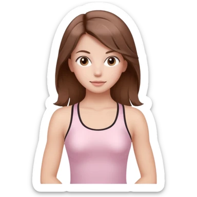 brown hair girl wearing light pink pilates clothes, silk beautiful medium hair and brown eyes sticker