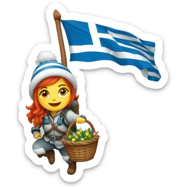 red hair female winter mountaineer climbing with Easter basket and Greek flag sticker