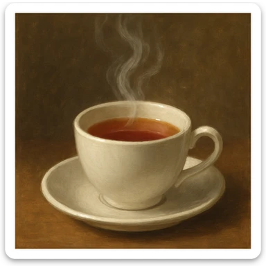a cup of tea, simple and inviting, steam rising, in a classic style sticker