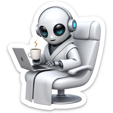 An emoji of a remote-working robot, sitting comfortably with a laptop, wrapped in a cozy bathrobe. The robot has a sleek, futuristic design with expressive digital eyes, sipping a virtual coffee. The scene should feel relaxed yet high-tech sticker