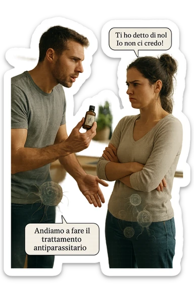 A highly realistic, cinematic photo of a young couple in their early 30s having an argument in a bright modern kitchen. The man, athletic build, wearing a casual T-shirt and jeans, is speaking firmly with a raised hand holding a small amber glass bottle labeled with a subtle herbal symbol, saying 'Andiamo a fare il trattamento antiparassitario' with a determined expression. The woman, with long dark hair tied in a messy bun, casual home outfit, crosses her arms with an angry, defensive expression, replying 'Ti ho detto di no! Io non ci credo!' while slightly turning away. Tension is visible in their body language, with the man leaning forward trying to explain and the woman leaning back, her eyebrows furrowed. Around them, subtle ghostly overlays of microscopic parasites are faintly visible near their abdominal areas, symbolizing the hidden reason for the argument. The kitchen is bright and modern with plants and natural light, contrasting the emotional tension. The style is hyperrealistic with warm tones and shallow depth of field focusing on their facial expressions, illustrating the conflict between belief in natural treatments and skepticism within the couple regarding hidden parasitic infections. in italiano sticker