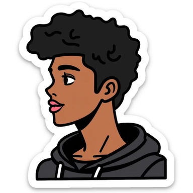 Black man with mid afro hairstyle wearing a black shirt and hoodie sticker