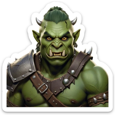 Cinematic Realistic WoW Orc Warrior Portrait, head tilted dramatically with an exaggeratedly amused expression, blending raw, primal might with a touch of unexpected humor. His battle-scarred green skin, robust muscles, and intricately detailed tribal armor in deep, earthy tones are rendered with lifelike texture and dynamic lighting, high shine, dramatic yet whimsical, capturing an orc warrior whose epic strength is matched by a playful, irreverent charm. sticker