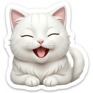 Cinematic Cute Yawning White Cat Portrait Emoji, Head gently tilted with an endearing, wide-open yawn and softly closed eyes, showcasing a pristine white fur with delicate hints of silver, simplified yet irresistibly adorable, highly detailed, glowing with a tender, cozy radiance, high shine, exuding sleepy charm and gentle affection, styled with a soft glowing outline, capturing the essence of a white cat caught mid-yawn, radiating pure, adorable lethargy! sticker