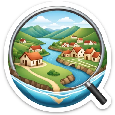 An icon featuring a magnifying glass over a local map, with a small village, traditional house, and natural landmarks like a river and hill, symbolizing local history and geography. Transparent background highlights the study of native land, culture, and heritage. sticker