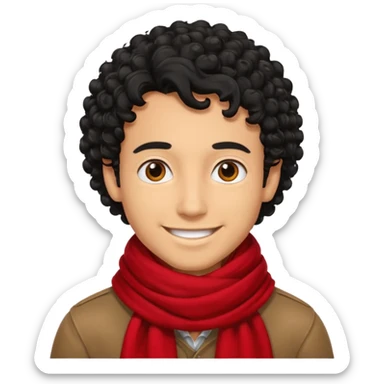 tan skin man, curly black hair wear red scraft sticker