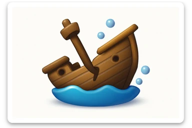 3D iPhone style emoji of a sunken ship, partly underwater, tilted and broken wooden structure, subtle bubbles around, isolated on white background, soft shadows, high detail, playful and cute. sticker