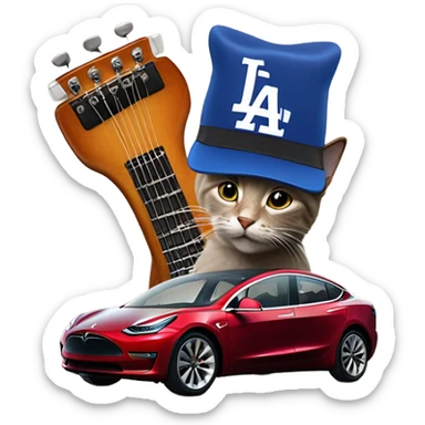 Cat play guitar with Jordan’s and a dodgers hat on top of a Tesla model 3 sticker