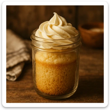 a glass jar with a vanilla cupcake baked inside, golden cake, creamy frosting, cozy and homemade feel sticker