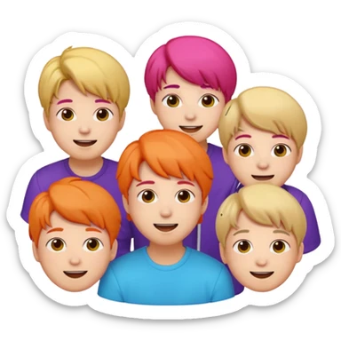 BTS group emoji featuring all seven members together, group pose, cheerful expressions, vibrant colors, simple background sticker