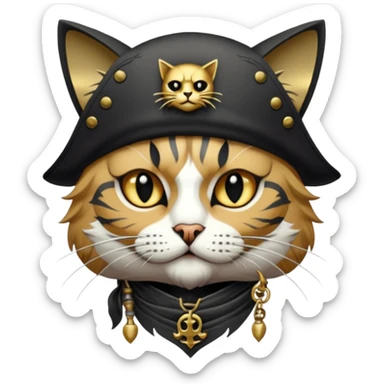 Highly detailed dark fantasy sticker art,cat, gritty pirate aesthetic, intricate engraving style, cinematic lighting, gold and charcoal color palette, sharp edges, white border, vector contour --v 6.0 sticker