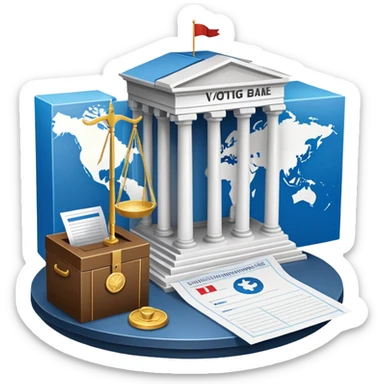 An icon featuring a ballot box with a voting paper, a government building with columns, and a scale of justice, symbolizing political science. The design includes a world map in the background, representing global political systems. Transparent background highlights governance and civic studies. sticker