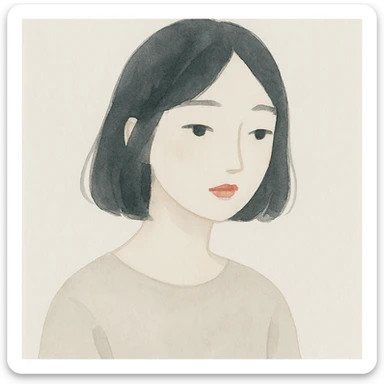 painterly illustration style girl with black hair, black eyes, and red lipstick sticker