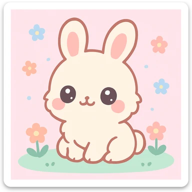 fluffy chibi bunny, big round eyes, soft fur, pink cheeks, sitting on a grassy field with flowers, pastel springtime, kawaii cartoon, digital art, high resolution sticker