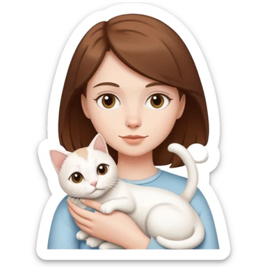 short brown haired white girl holding white cat sticker