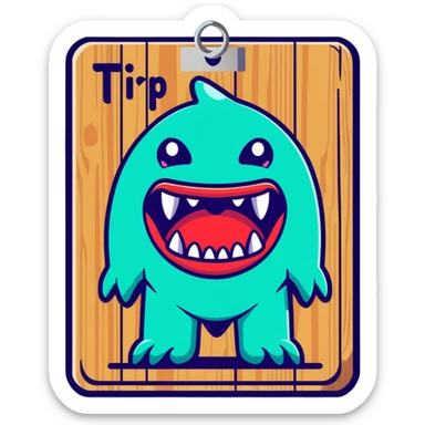 Fantasy tavern wooden sign with "Tipsy Mimic" name, with monster teeth and tongue sticker