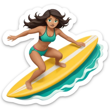 rk female surfer riding big turquoise wave, muscular green body, fierce tusked grin, sporty bikini top and board shorts, long windswept dark hair, focused eyes, surfboard under feet, minimal ocean and sky background, centered emoji, vibrant summer colors, sticker style sticker