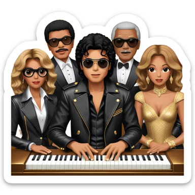 Michael Jackson in his black leather jacket, Beyoncé in a glamorous stage outfit, Lionel Richie in his classic look, Whitney Houston in her famous dress, and Ray Charles in black glasses sitting at a piano. Transparent background. sticker
