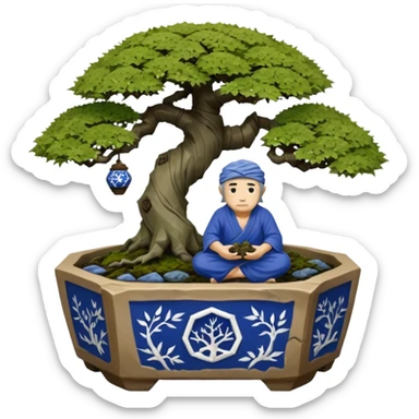 Alien hanging vines landscape mudman very old broken cracked intricate Stone Age rocky-crusted irregular dodecagon-shaped shallow dark moss rough bark blue willow flowered maple tree bonsai pot sticker