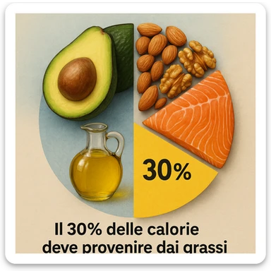 realistic infographic of food composition (avocado, olive oil, nuts, salmon) arranged to form a pie chart highlighting 30% fats, caption in Italian: 'Il 30% delle calorie deve provenire dai grassi', educational style, colorful background sticker