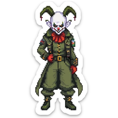 evil clown soldier, bald, small black satan horns on forehead, fangs, pointed ears, black and military green clothes with bellbottom pants, realistically proportioned, less bulky, full body, fighting stance sticker