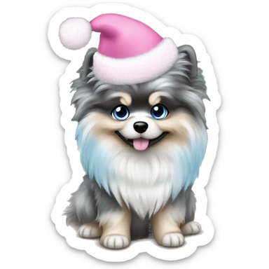 Blue Merle pomeranian puppy full body light blue eyes pink christmas hat on sticker
