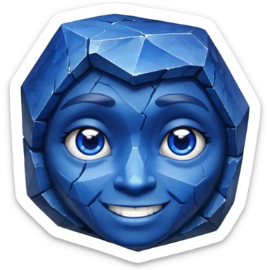 A single sapphire-blue faceted rock head, chunky and worn, with very visible cracks and chipped facets but still shiny, big kind eyes and a confident smile sticker