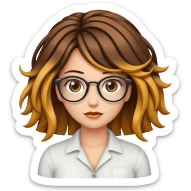 Uma garota de cabelos cacheados com mechas loiras, com pele morena clara e óculos sticker