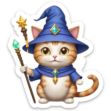 cat wizard with pointy hat and magic wand sticker