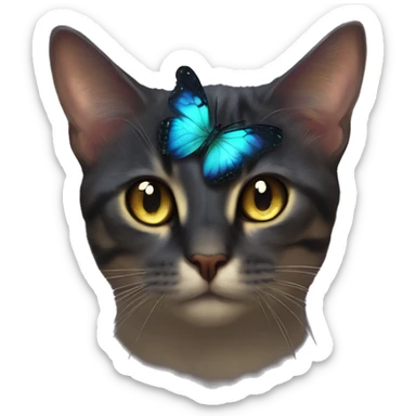 Dark iridescent butterfly glowing on top of cats head  sticker