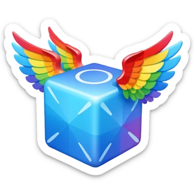 Blue cube with wings and has a rainbow ? sticker