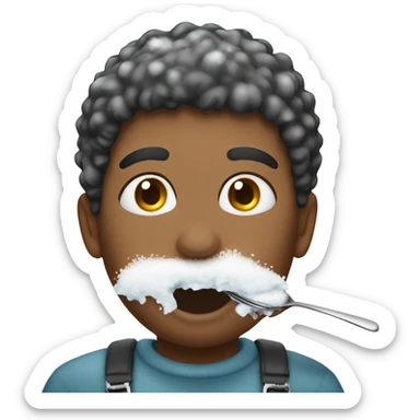 person eating snow and has a spoon full of snow with snow all over their mouth  sticker